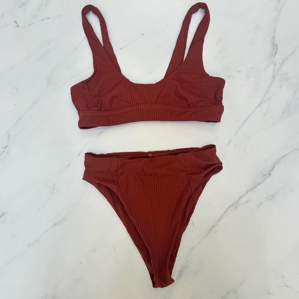 Vitamin A Ribbed Scoop Bikini Top & High Waisted Bottoms - Sienna - Picture 6 of 7